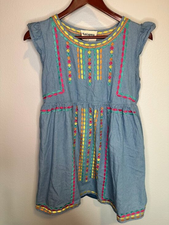 Savanna Jane Dresses & Skirts - Savanna Jane Colorful Embroidered Chambray Boho Babydoll Dress - S